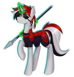 Size: 2876x3000 | Tagged: safe, artist:alicetriestodraw, oc, oc only, pony, unicorn, armor, eyepatch, high res, multicolored hair, one leg raised, simple background, solo, spear, standing, transparent background, weapon