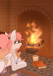 Size: 717x1024 | Tagged: safe, artist:ponyangle, oc, oc only, pegasus, pony, book, chest fluff, chocolate, cup, cute, female, fire, fireplace, food, hot chocolate, lying down, mare, prone, wings