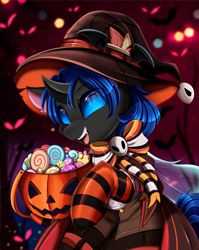 Size: 2550x3209 | Tagged: safe, artist:pridark, part of a set, oc, oc only, oc:swift dawn, changeling, blue changeling, candy, changeling oc, clothes, commission, eyebrows, eyebrows visible through hair, food, halloween, hat, high res, holiday, jack-o-lantern, male, open mouth, pumpkin, solo, stallion, wings, witch hat, ych result
