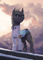 Size: 2958x4100 | Tagged: safe, artist:mrscroup, oc, oc only, oc:lunason, changeling, blue eyes, changeling oc, clothes, high res, male, snow, snowfall, solo