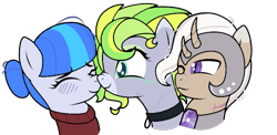 Size: 759x370 | Tagged: safe, artist:icicle-niceicle-1517, artist:kb-gamerartist, color edit, edit, oc, oc only, oc:cloud drift, oc:saph quills, oc:valkiria, earth pony, pegasus, pony, unicorn, armor, blushing, boop, clothes, collaboration, collar, colored, eyes closed, eyeshadow, female, freckles, helmet, horn, lesbian, makeup, mare, markings, multicolored hair, multiple horns, noseboop, oc x oc, one eye closed, photo, scar, shipping, simple background, sweater, transparent background, wink