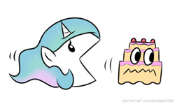 Size: 540x321 | Tagged: safe, artist:banebuster, princess celestia, alicorn, ghost, pony, undead, series:tiny tia, g4, cake, cakelestia, cute, cutelestia, food, open mouth, pac-man, pacmanified, simple background, solo, white background