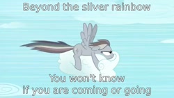 Size: 640x360 | Tagged: safe, edit, edited screencap, screencap, rainbow dash, pony, g4, the return of harmony, corrupted, discorded, genesis, lyrics, silver rainbow, solo, song reference, text, text edit