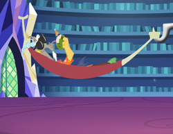 Size: 1050x809 | Tagged: safe, discord, draconequus, fanfic:crossing the trixie bridge, g4, fanfic, hammock, library, male, solo, sunglasses, twilight's castle, twilight's castle library