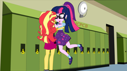 Size: 1920x1080 | Tagged: safe, artist:jcpreactyt, sci-twi, sunset shimmer, twilight sparkle, equestria girls, equestria girls series, g4, clothes, couple, female, girlfriend, hug, lesbian, lifting, relationship, school, schoolgirl, ship:sci-twishimmer, ship:sunsetsparkle, shipping, skirt, together