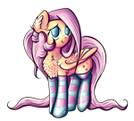 Size: 2674x2400 | Tagged: safe, artist:coco-drillo, fluttershy, pegasus, pony, g4, alternate hairstyle, blushing, chest fluff, clothes, colorful, cute, ear fluff, folded wings, grin, high res, kneesocks, long mane, long tail, looking at you, nervous, nervous smile, ponytail, raised hoof, shyabetes, simple background, smiling, socks, solo, standing, stockings, striped socks, thigh highs, transparent background, wavy mane, wings