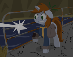 Size: 1920x1500 | Tagged: safe, artist:toshimatsu, derpibooru exclusive, oc, oc only, oc:littlepip, pony, unicorn, fallout equestria, bag, clothes, cracks, fanfic, fanfic art, female, hooves, horn, jumpsuit, mare, night, offscreen character, pipbuck, raised hoof, river, rust, saddle bag, solo focus, standing, tail, vault suit
