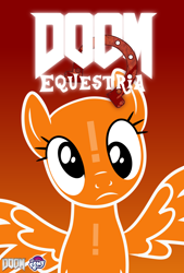 Size: 3524x5200 | Tagged: safe, artist:isaac_pony, oc, oc only, oc:not texture, pegasus, pony, black eye, blood, confused, cover, doom, doom equestria, female, horseshoes, logo, poster, show accurate, solo, vector, wings