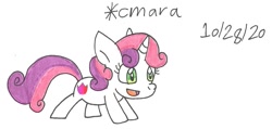 Size: 1130x540 | Tagged: safe, artist:cmara, sweetie belle, pony, unicorn, g4, female, filly, open mouth, simple background, solo, traditional art, trotting, white background