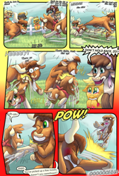 Size: 1080x1584 | Tagged: safe, artist:firefanatic, applejack, arizona (tfh), minnesota (tfh), texas (tfh), cow, pony, comic:friendship management, them's fightin' herds, g4, action, calf, comic, community related, dialogue, fence, fight, grass, hitting, nervous, onomatopoeia, smiling, sound effects, what is hoo-man