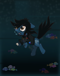 Size: 1855x2335 | Tagged: safe, artist:lightningbolt, derpibooru exclusive, part of a set, earth pony, fish, pony, undead, zombie, zombie pony, g4, .svg available, blood, bloodshot eyes, bone, bring me the horizon, bubble, clothes, fangs, glasgow smile, long sleeves, male, oliver sykes, open mouth, ponified, rainbow blood, scar, shirt, show accurate, solo, stallion, stitches, svg, tattoo, underwater, vector