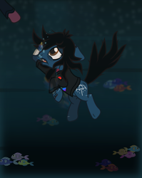 Size: 1855x2335 | Tagged: safe, artist:lightningbolt, derpibooru exclusive, part of a set, earth pony, fish, pony, undead, zombie, zombie pony, g4, .svg available, blood, bloodshot eyes, bone, bring me the horizon, bubble, clothes, fangs, glasgow smile, long sleeves, male, offscreen character, oliver sykes, open mouth, ponified, rainbow blood, reaching, scar, shirt, show accurate, solo focus, stallion, stitches, svg, tattoo, underwater, vector