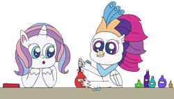 Size: 3264x1860 | Tagged: safe, artist:supahdonarudo, potion nova, queen novo, classical hippogriff, hippogriff, pony, unicorn, series:novoember, g4, g4.5, my little pony: pony life, my little pony: the movie, book, bottle, cute, g4 to g4.5, generation leap, novabetes, novobetes, potion, potion making, simple background, style emulation, transparent background