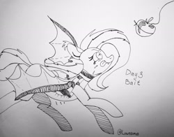 Size: 2048x1607 | Tagged: safe, artist:lowname, fluttershy, bat pony, pony, g4, apple, bait, bat ponified, clothes, drool, eyes on the prize, female, flutterbat, food, inktober, inktober 2019, lineart, race swap, running, scarf, solo, tongue out, traditional art