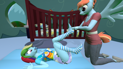 Size: 3840x2160 | Tagged: safe, artist:northern haste, rainbow dash, windy whistles, pegasus, anthro, plantigrade anthro, g4, 3d, 4k, abdl, adult foal, breasts, changing mat, clothes, crib, diaper, diaper fetish, female, fetish, high res, mother and child, mother and daughter, non-baby in diaper, pacifier, socks, source filmmaker, striped socks, tickling