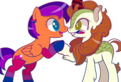 Size: 1024x693 | Tagged: safe, artist:kb-gamerartist, autumn blaze, oc, oc:jade harmony, kirin, pegasus, pony, g4, bipedal, bisexual pride flag, canon x oc, clothes, ear piercing, earring, face paint, female, grin, heart, holding hooves, jewelry, lesbian, mare, open mouth, piercing, pride, pride flag, pride socks, raised hoof, shipping, simple background, smiling, socks, striped socks, transparent background