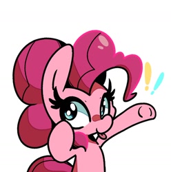 Size: 1500x1513 | Tagged: safe, artist:kindakismet, pinkie pie, earth pony, pony, g4, :p, bust, cute, diapinkes, exclamation point, female, mare, simple background, solo, tongue out, white background