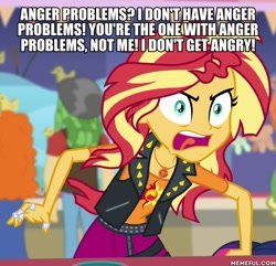 Size: 600x578 | Tagged: safe, edit, edited screencap, screencap, golden hazel, sandalwood, sunset shimmer, equestria girls, equestria girls specials, g4, my little pony equestria girls: better together, my little pony equestria girls: rollercoaster of friendship, angry, blatant lies, caption, geode of empathy, i resemble that remark, image macro, irony, magical geodes, memeful.com, rageset shimmer, sunset shimmer is mad about everything, text, that pony sure have anger issues