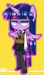 Size: 600x1024 | Tagged: safe, artist:thegreatrouge, twilight sparkle, alicorn, anthro, g4, clothes, cuffs (clothes), female, lidded eyes, looking sideways, necktie, pinpoint eyes, pleated skirt, skirt, solo, sweater vest, twilight sparkle (alicorn), unimpressed