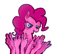 Size: 574x526 | Tagged: safe, artist:drpummeluff, pinkie pie, earth pony, pony, a friend in deed, g4, abomination, cursed, cursed image, nail polish, not salmon, pinkie being pinkie, simple background, solo, suddenly hands, traditional art, wat, what has science done, white background