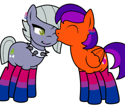 Size: 652x553 | Tagged: safe, artist:icicle-niceicle-1517, artist:kb-gamerartist, color edit, edit, limestone pie, oc, oc:jade harmony, earth pony, pegasus, pony, g4, bisexual pride flag, canon x oc, choker, clothes, collaboration, colored, ear piercing, earring, eyes closed, female, heart, jewelry, kissing, lesbian, lip piercing, mare, one eye closed, piercing, pride, pride flag, pride socks, shipping, simple background, socks, spiked choker, striped socks, transparent background, wink
