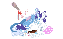 Size: 731x457 | Tagged: safe, artist:trenchcoatraccoons, rarity, trixie, oc, oc:snakeskin agate, classical unicorn, diamond dog, pony, unicorn, g4, adopted offspring, alcohol, cloven hooves, crossed horns, diamond dog oc, diamond puppy, female, glass, horn, horns are touching, leonine tail, lesbian, levitation, long ears, magic, parent:rarity, parent:trixie, parents:rarixie, rarixie, shipping, simple background, story in the source, telekinesis, unshorn fetlocks, white background, wine, wine glass