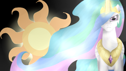 Size: 800x450 | Tagged: safe, artist:feferikrispony12, princess celestia, alicorn, pony, g4, cutie mark, female, glowing horn, horn, looking at you, mare, serious, serious face, solo