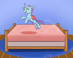 Size: 1000x800 | Tagged: safe, artist:empyu, ocellus, changedling, changeling, g4, 30 minute art challenge, bed, cute, diaocelles, eyes closed, female, happy, jumping, jumping on the bed, solo