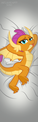 Size: 1969x6299 | Tagged: safe, artist:metalhead97, smolder, dragon, g4, bedroom eyes, body pillow, body pillow design, clothes, commission, cute, dakimakura cover, dragoness, embarrassed body exposure, female, lidded eyes, looking at you, show accurate, smolderbetes, solo, spread toes, stretching, toes