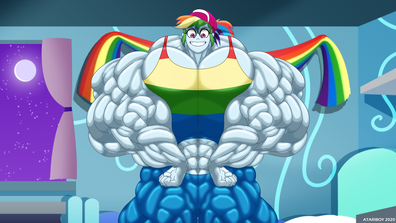 2486779 - suggestive, artist:atariboy2600, rainbow dash, equestria girls,  g4, baseball cap, big breasts, breasts, buff breasts, busty rainbow dash,  cap, flexing, grin, hat, huge breasts, impossibly large breasts, looking at  you, muscles,