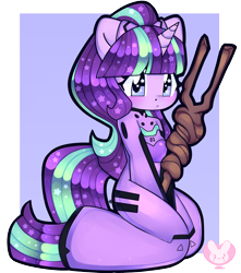 Size: 2648x3000 | Tagged: safe, artist:bunxl, starlight glimmer, unicorn, anthro, g4, blushing, bodysuit, clothes, crossover, equal cutie mark, high res, looking at you, neon genesis evangelion, plugsuit, ponytail, solo, staff, staff of sameness, wingding eyes