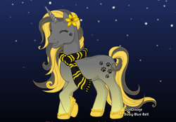 Size: 758x528 | Tagged: safe, artist:monakaliza, oc, oc only, oc:hufflepuff, pony, unicorn, eyes closed, female, flower, flower in hair, happy, harry potter (series), horn, hufflepuff, mare, solo, unicorn oc