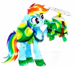 Size: 2276x2115 | Tagged: safe, artist:liaaqila, rainbow dash, tank, pegasus, pony, tortoise, animal costume, cheek to cheek, chest fluff, clothes, costume, cute, dashabetes, female, floppy ears, liaaqila is trying to murder us, liaaqila is trying to murder us with dashabetes, male, mare, nuzzling, pet, simple background, traditional art, white background