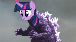 Size: 480x270 | Tagged: safe, edit, editor:tngjstn, screencap, twilight sparkle, alicorn, kaiju, kaiju pony, pony, g4, caption, crossover, female, funny, funny as hell, fusion, godzilla, godzilla (series), image macro, kaijufied, mare, photo, shitposting, solo, species swap, text, toho, twizilla, wtf