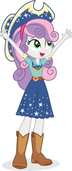 Size: 2386x5638 | Tagged: safe, artist:punzil504, sweetie belle, equestria girls, g4, arms in the air, beautiful, belt, boots, clothes, cow belle, cowboy boots, cowboy hat, cowgirl, cute, cutie mark, cutie mark on clothes, diasweetes, female, hairband, hat, open mouth, shirt, shoes, simple background, skirt, solo, stetson, transparent background