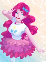 Size: 1280x1714 | Tagged: safe, artist:sunriseauburn, pinkie pie, equestria girls, g4, my little pony equestria girls: better together, abstract background, breasts, busty pinkie pie, clothes, cute, diapinkes, female, geode of sugar bombs, hair, looking at you, magical geodes, open mouth, open smile, peace sign, rah rah skirt, skirt, smiling, solo, tank top, teenager, watermark