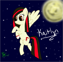 Size: 579x575 | Tagged: safe, artist:hufflepuff-disney, oc, oc only, oc:kaitlyn, pegasus, pony, female, flying, looking down, mare, moon, night, pegasus oc, solo, wings