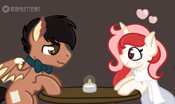 Size: 1280x761 | Tagged: safe, artist:redpalette, oc, oc:lonestar, oc:red palette, blushing, bowtie, candle, clothes, cute, date, dress, restaurant, scarf, shy