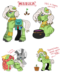Size: 1200x1500 | Tagged: safe, artist:etchnsketches, tree hugger, zecora, oc, oc:marula, earth pony, hybrid, pony, zony, g4, cauldron, dreadlocks, female, hat, interspecies offspring, lesbian, magical lesbian spawn, male, mother and child, mother and son, offspring, parent:tree hugger, parent:zecora, parents:treecora, plant, shipping, simple background, straw hat, treecora, white background