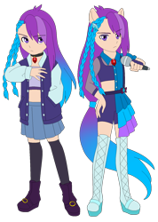 Size: 1162x1633 | Tagged: safe, artist:fantasygerard2000, oc, oc:magus eveningstar, equestria girls, g4, my little pony equestria girls: rainbow rocks, alternate universe, boots, braid, clothes, dazzling, disguise, disguised siren, dress, hair accessory, jacket, jewelry, long socks, microphone, outfit, pendant, ponied up, shoes, simple background, skirt, transparent background, varsity jacket