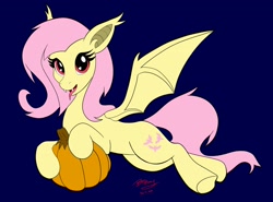 Size: 2000x1482 | Tagged: safe, artist:btbunny, fluttershy, bat pony, pony, g4, bat ponified, bat wings, female, flutterbat, looking at you, pink hair, pumpkin, race swap, red eyes, simple background, wings