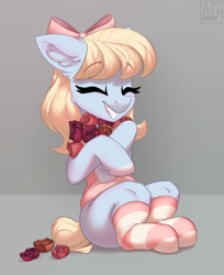Size: 2860x3500 | Tagged: safe, artist:airfly-pony, oc, oc only, oc:tulip toss, pony, clothes, femboy, flower, high res, long hair, male, patreon, patreon reward, rose, sitting, smiling, socks, solo, striped socks