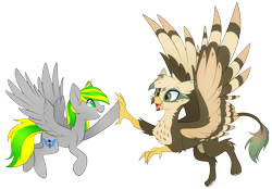 Size: 2623x1830 | Tagged: safe, artist:scarlet-spectrum, oc, oc only, oc:dillinger, oc:silver blaze, griffon, pegasus, pony, griffon oc, high five, pegasus oc, simple background, transparent background, wings