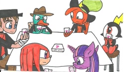 Size: 1024x595 | Tagged: safe, artist:cmara, twilight sparkle, human, platypus, pony, g4, card, commander peepers, crossover, game, heart, knuckles the echidna, male, perry the platypus, phineas and ferb, red scout, scout (tf2), sonic the hedgehog, sonic the hedgehog (series), team fortress 2, traditional art, wander (wander over yonder), wander over yonder