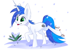 Size: 4000x2800 | Tagged: safe, artist:xvostik, oc, oc only, oc:shifting gear, pony, unicorn, smiling, snow, snowfall, solo, winter