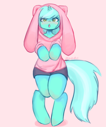 Size: 800x960 | Tagged: safe, artist:valeria_fills, lyra heartstrings, pony, unicorn, semi-anthro, g4, arm hooves, bipedal, blushing, bunny ears, clothes, costume, digital art, female, hoodie, hooves, horn, kigurumi, looking at you, mare, open mouth, simple background, solo, standing, tail