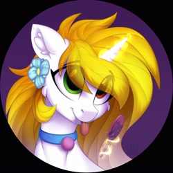 Size: 3500x3500 | Tagged: safe, artist:airfly-pony, oc, oc only, alicorn, pony, alicorn oc, bust, candy, eye clipping through hair, eyebrows, eyebrows visible through hair, female, flower, food, glowing horn, heterochromia, high res, horn, lollipop, magic, magic aura, mare, portrait, smiling, telekinesis, tongue out