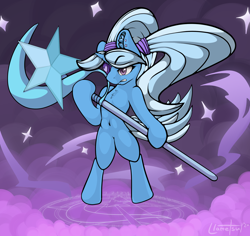 Size: 2404x2269 | Tagged: safe, artist:llametsul, trixie, pony, unicorn, semi-anthro, g4, alternate hairstyle, arm hooves, babysitter trixie, belly button, chest fluff, determined, ear fluff, eyepatch, female, floating, high res, magic, mare, pigtails, runes, signature, smoke, solo, sparkles, spell, staff, twintails