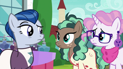 Size: 1920x1080 | Tagged: safe, screencap, ever essence, minty mocha, raspberry latte, earth pony, pony, g4, the parent map, female, glasses, looking at each other, mare, sire's hollow