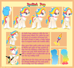 Size: 2000x1850 | Tagged: safe, artist:paradiseskeletons, oc, oc only, oc:rocket pop, earth pony, pony, chest fluff, choker, commission, female, fetlock tuft, fireworks, guitar, multicolored hair, musical instrument, reference sheet, solo, tightrope, ych result